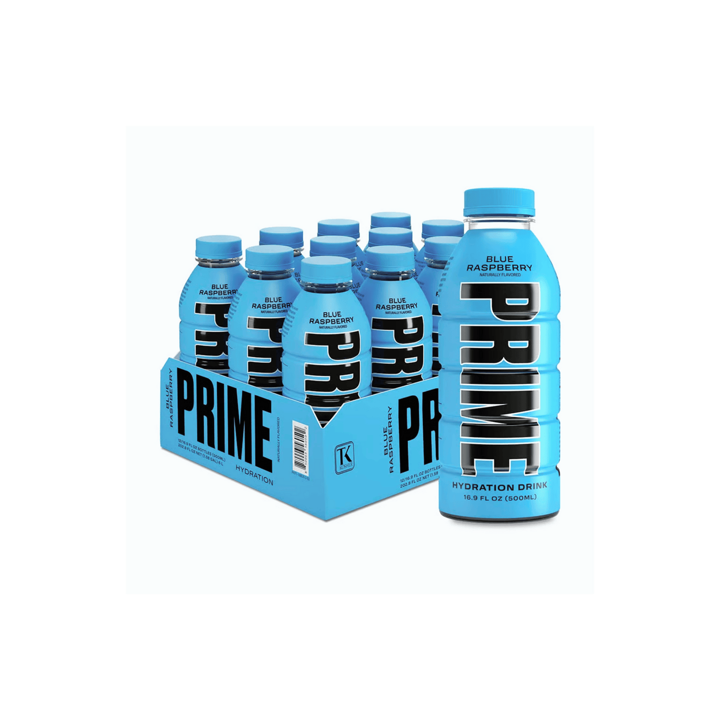 Photo of Prime Hydration Blue Raspberry flavor in a 16.9 FL OZ (500ML) bottle, displayed in a box of 12 bottles with one additional bottle on the right of the box.