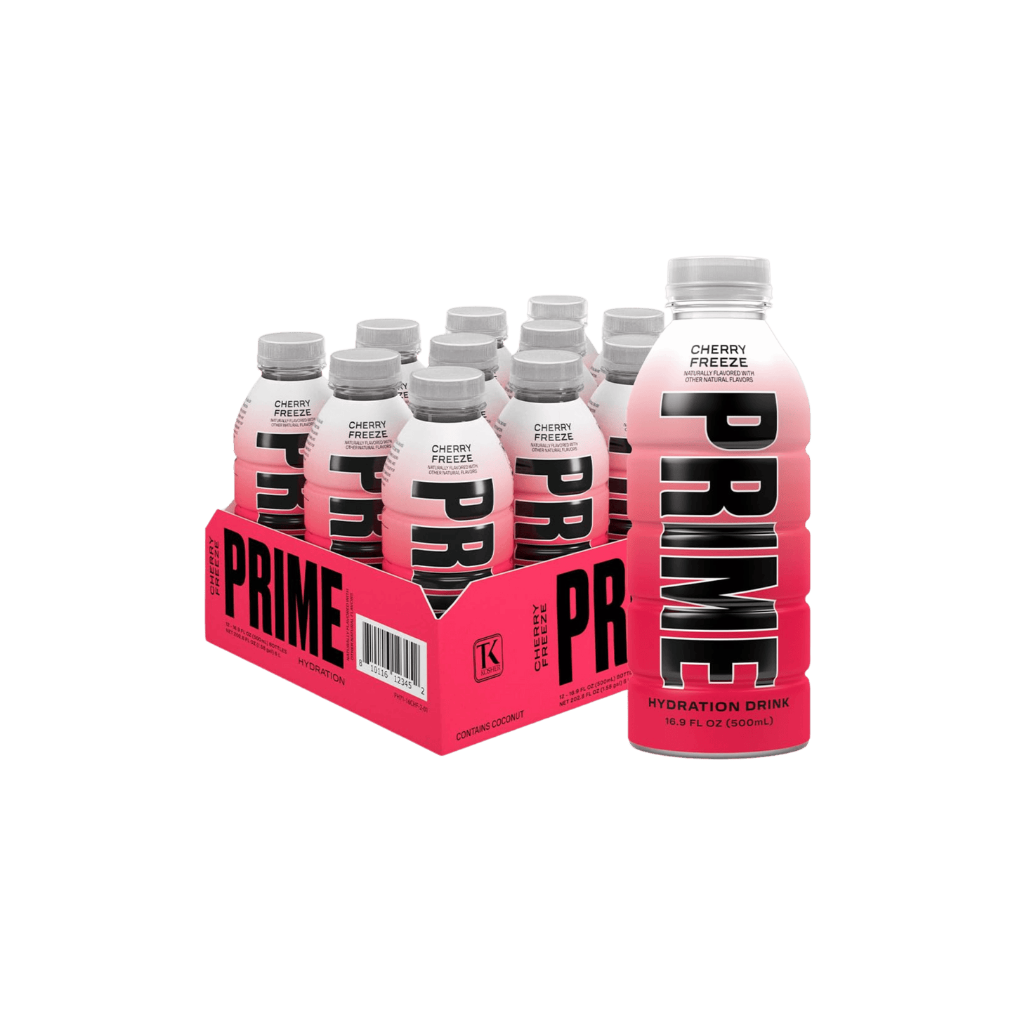 Photo of Prime Hydration Cherry Freez flavor in a 16.9 FL OZ (500ML) bottle, displayed in a box of 12 bottles with one additional bottle on the right of the box.