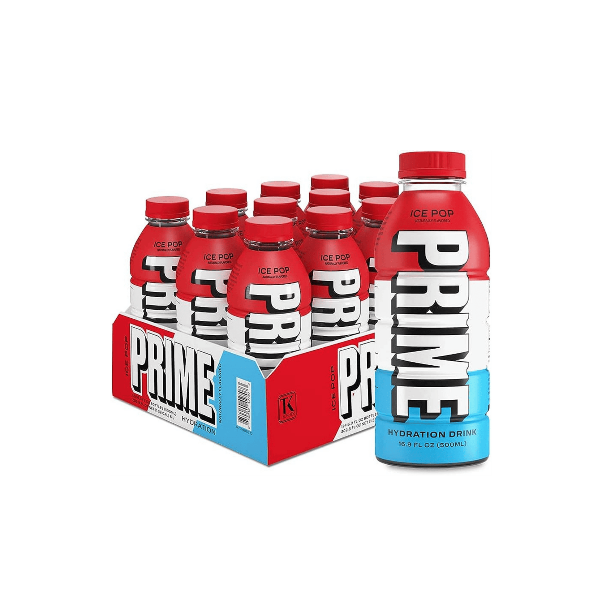 Photo of Prime Hydration Ice Pop flavor in a 16.9 FL OZ (500ML) bottle, displayed in a box of 12 bottles with one additional bottle on the right of the box.
