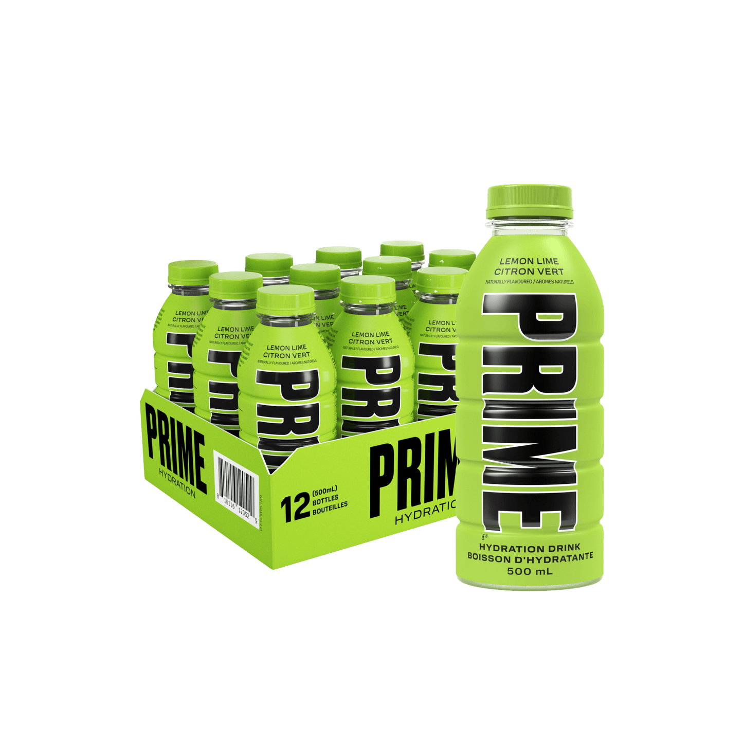 Photo of Prime Hydration Lemon Lime flavor in a 16.9 FL OZ (500ML) bottle, displayed in a box of 12 bottles with one additional bottle on the right of the box.