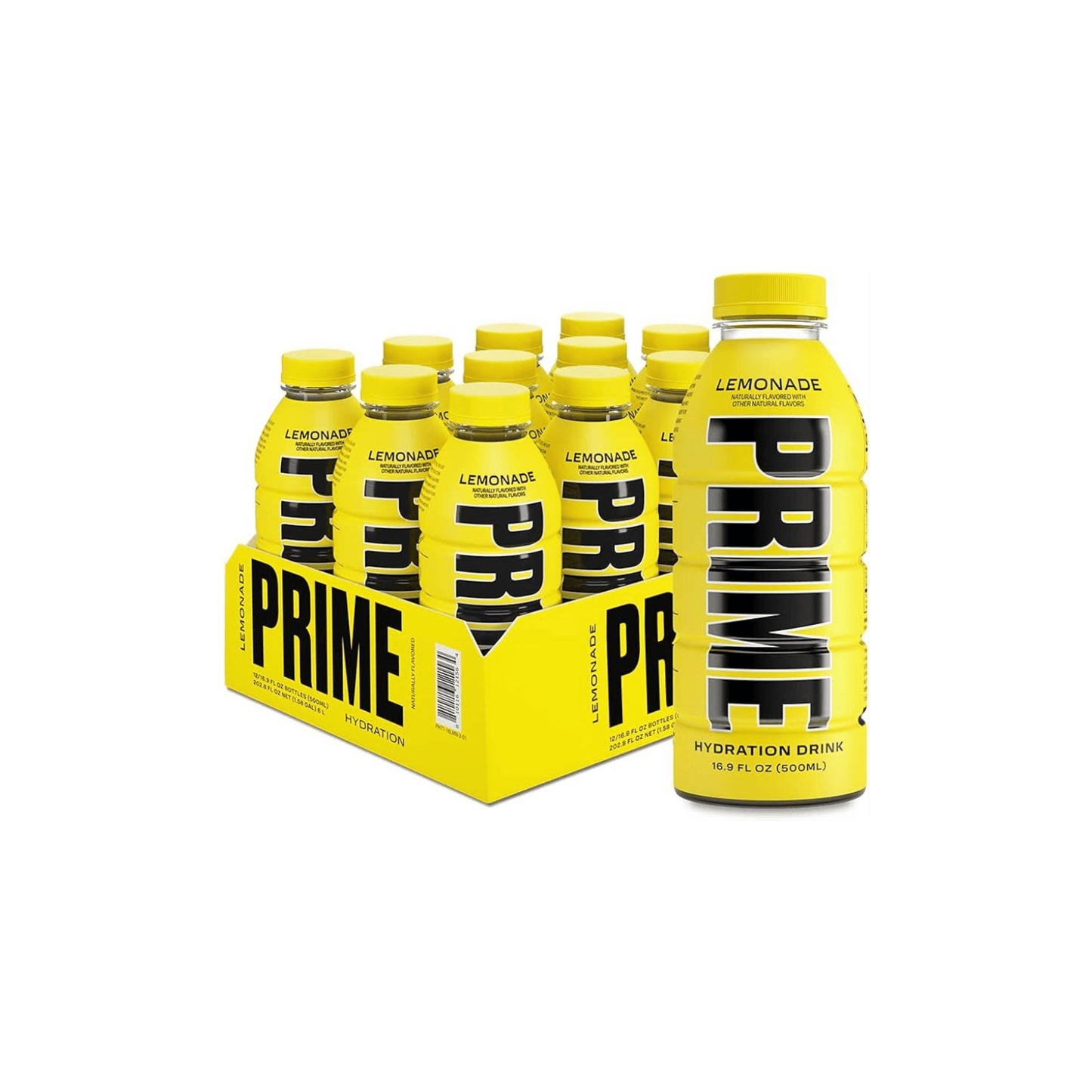 Photo of Prime Hydration Lemonade flavor in a 16.9 FL OZ (500ML) bottle, displayed in a box of 12 bottles with one additional bottle on the right of the box.