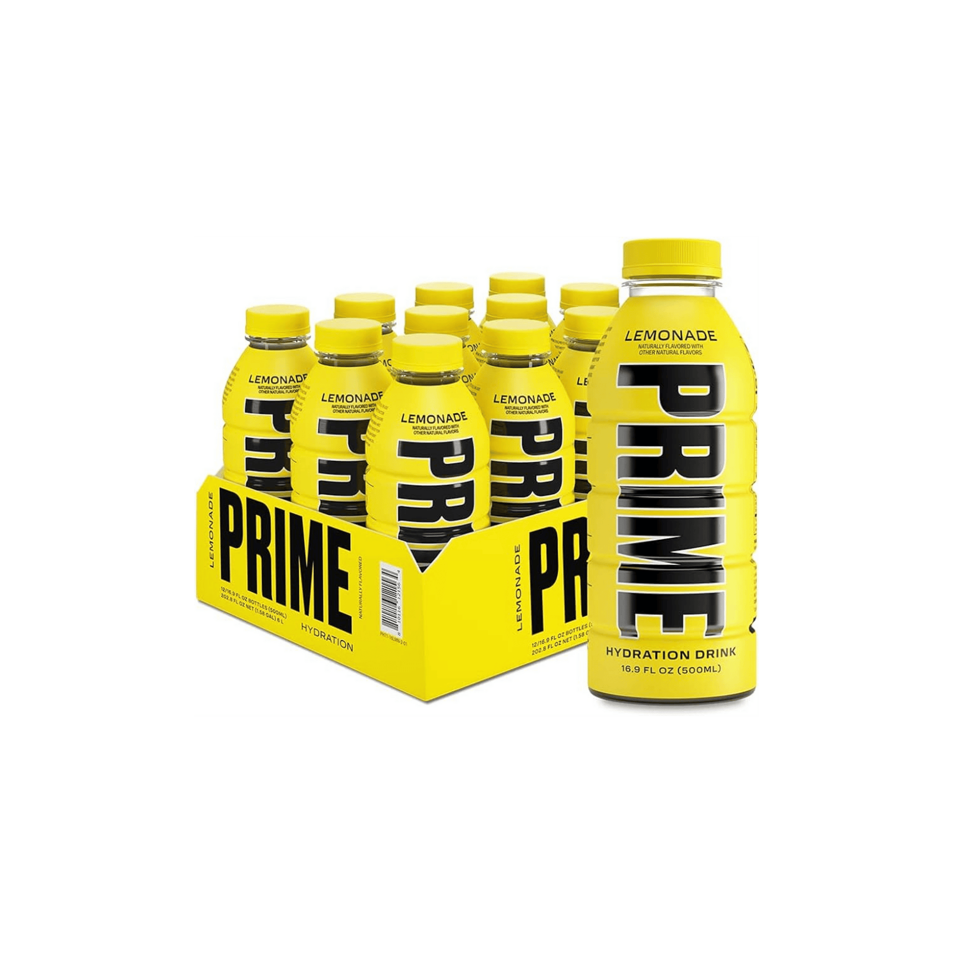 Photo of Prime Hydration Lemonade flavor in a 16.9 FL OZ (500ML) bottle, displayed in a box of 12 bottles with one additional bottle on the right of the box.