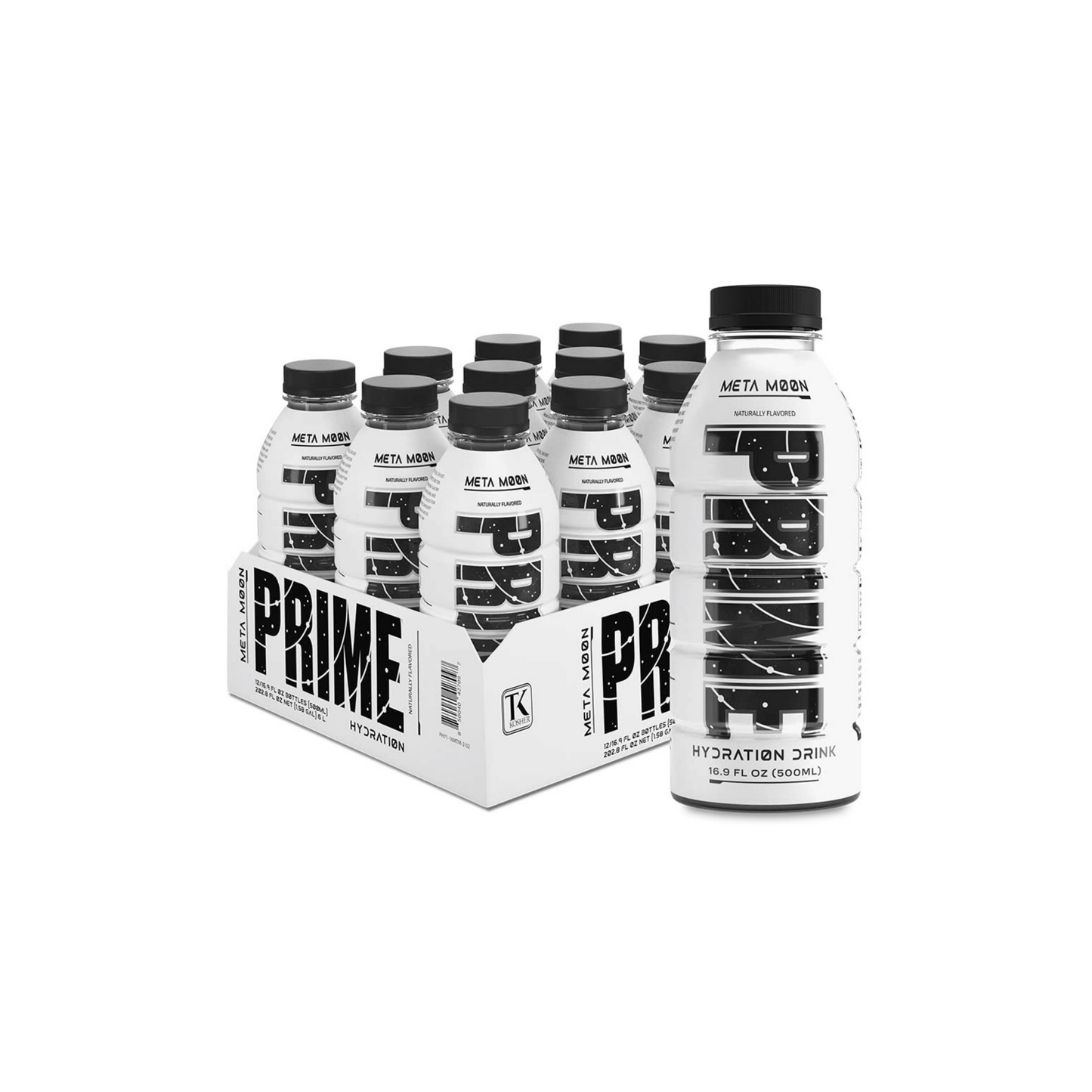 Photo of Prime Hydration Meta Moon flavor in a 16.9 FL OZ (500ML) bottle, displayed in a box of 12 bottles with one additional bottle on the right of the box.