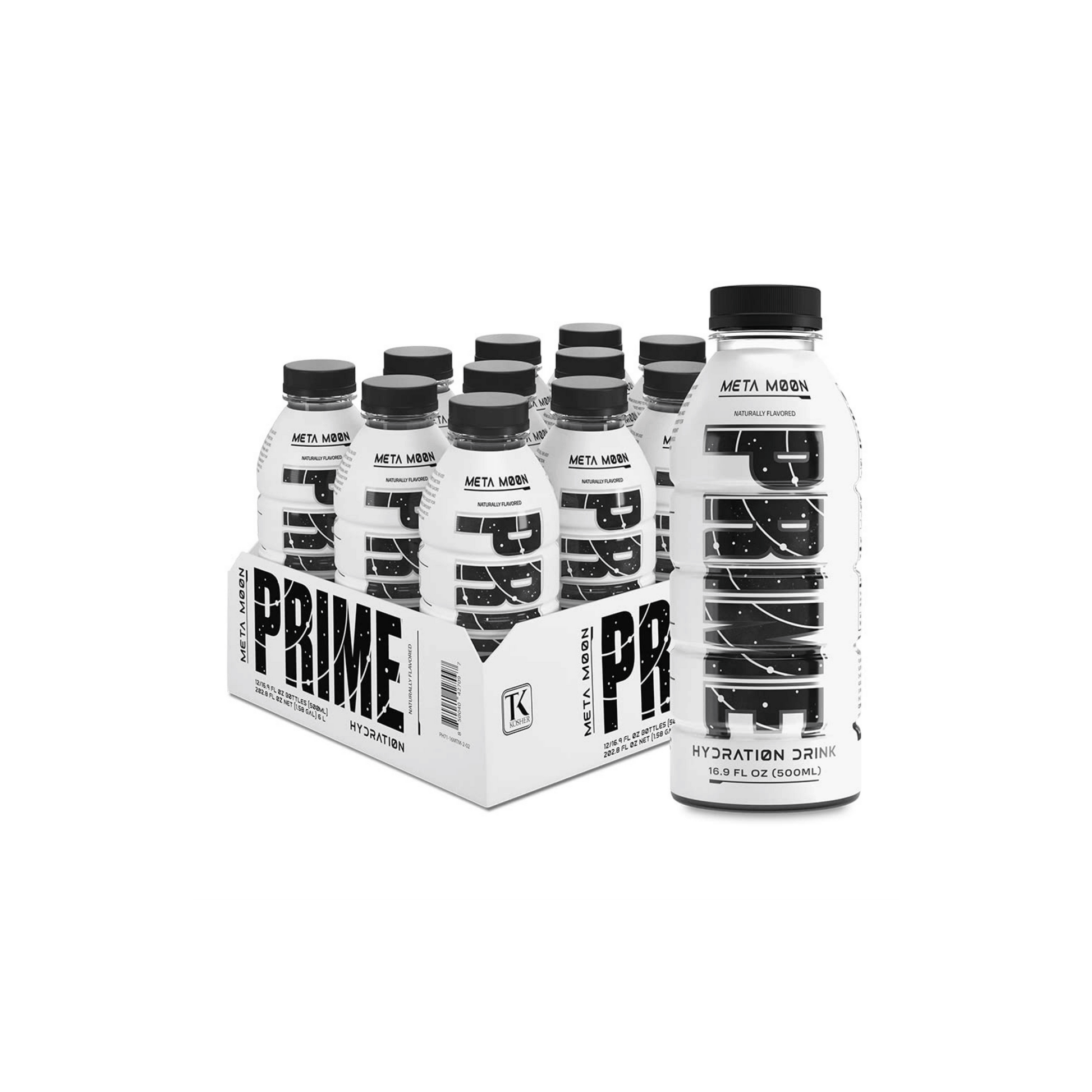 Photo of Prime Hydration Meta Moon flavor in a 16.9 FL OZ (500ML) bottle, displayed in a box of 12 bottles with one additional bottle on the right of the box.