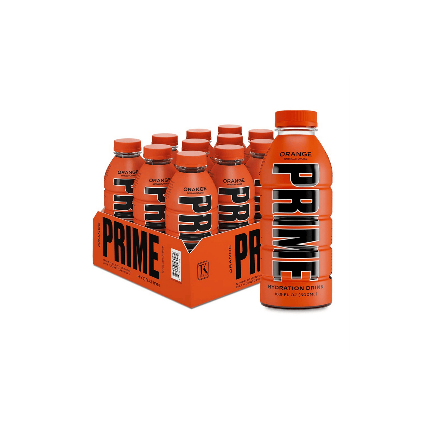 Photo of Prime Hydration Orange flavor in a 16.9 FL OZ (500ML) bottle, displayed in a box of 12 bottles with one additional bottle on the right of the box.