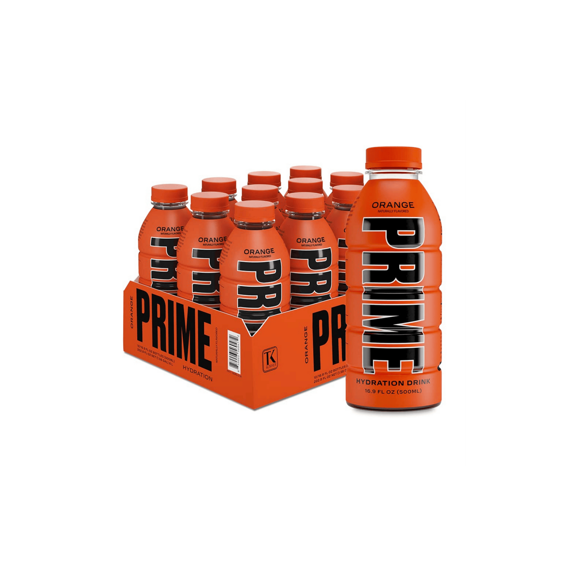 Photo of Prime Hydration Orange flavor in a 16.9 FL OZ (500ML) bottle, displayed in a box of 12 bottles with one additional bottle on the right of the box.