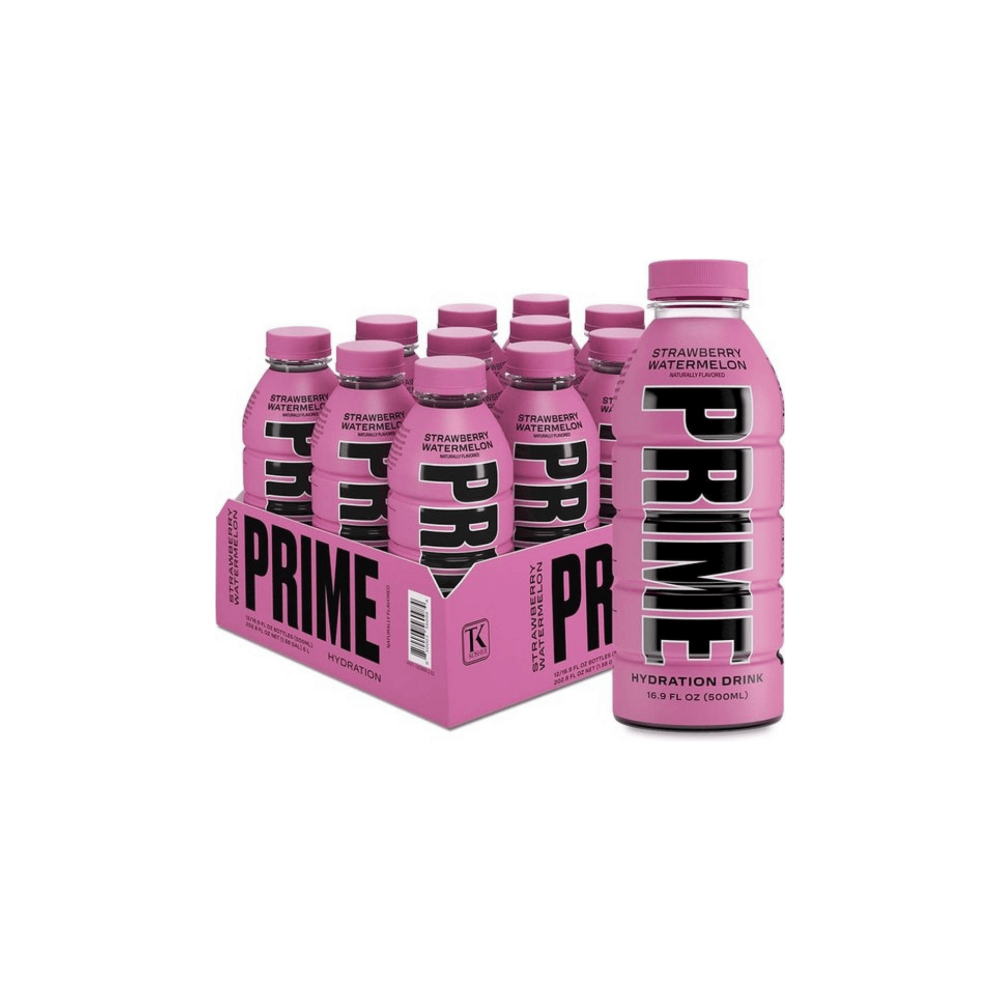 Photo of Prime Hydration Strawberry Watermelon flavor in a 16.9 FL OZ (500ML) bottle, displayed in a box of 12 bottles with one additional bottle on the right of the box.