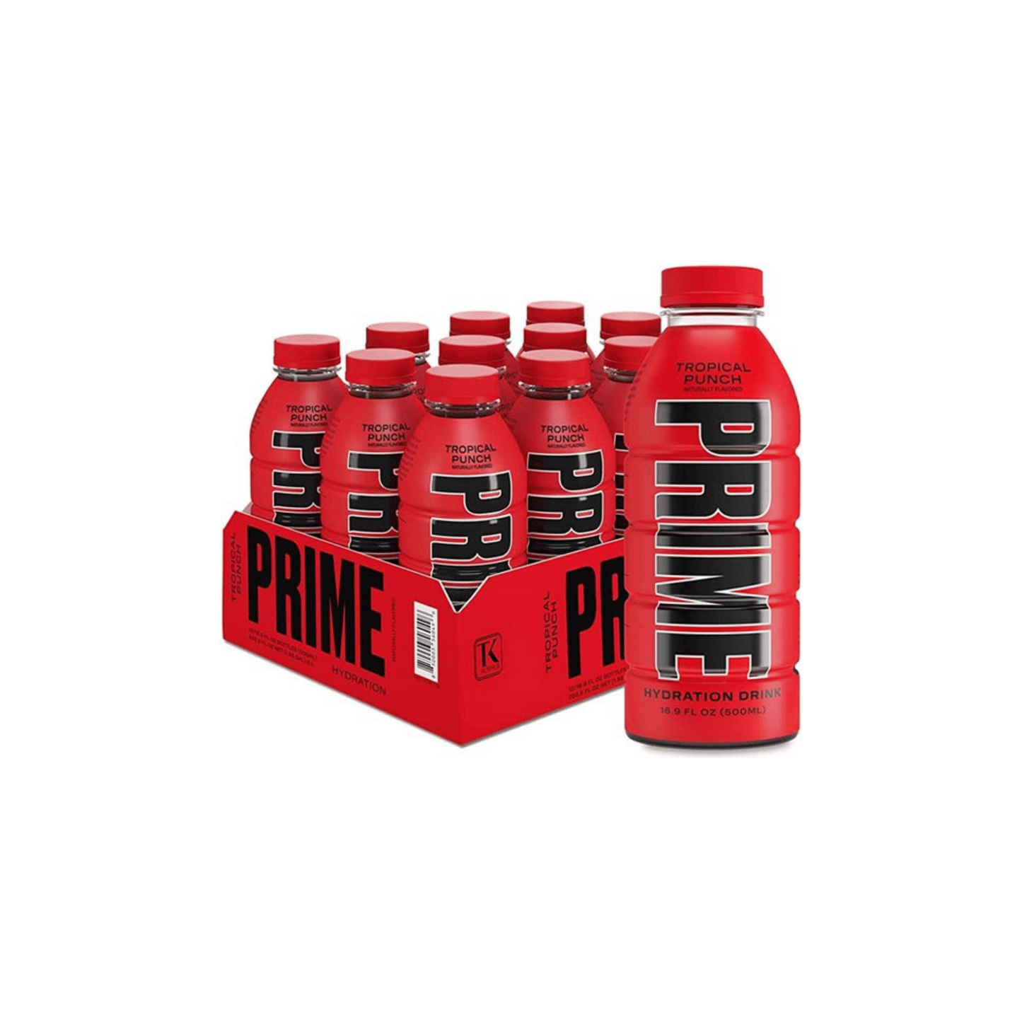 Photo of Prime Hydration Tropical Punch flavor in a 16.9 FL OZ (500ML) bottle, displayed in a box of 12 bottles with one additional bottle on the right of the box.