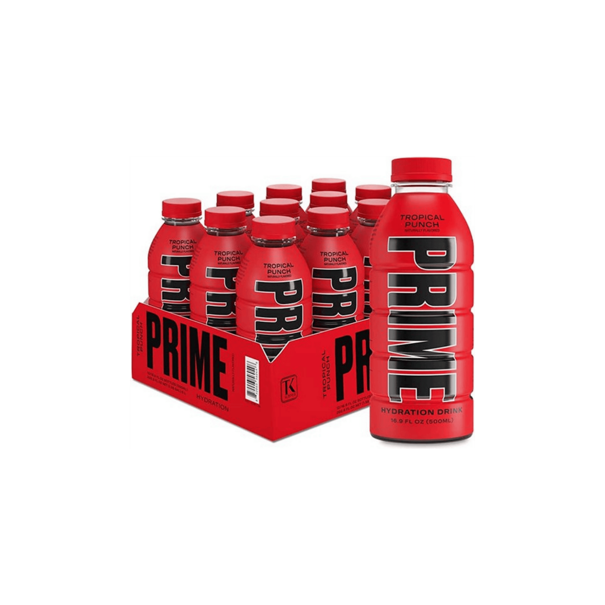 Photo of Prime Hydration Tropical Punch flavor in a 16.9 FL OZ (500ML) bottle, displayed in a box of 12 bottles with one additional bottle on the right of the box.