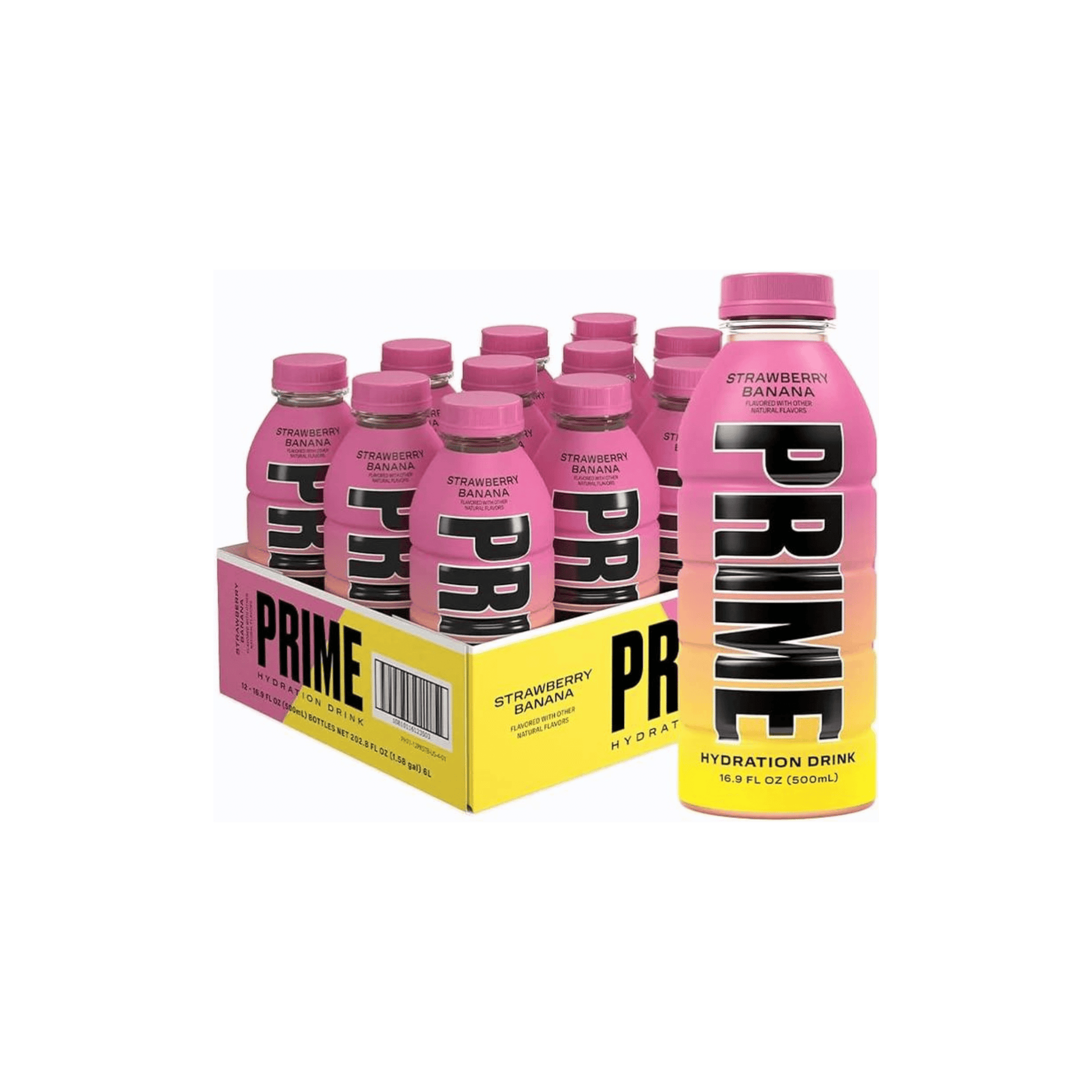 Photo of Prime Hydration Strawberry Banana flavor in a 16.9 FL OZ (500ML) bottle, displayed in a box of 12 bottles with one additional bottle on the right of the box